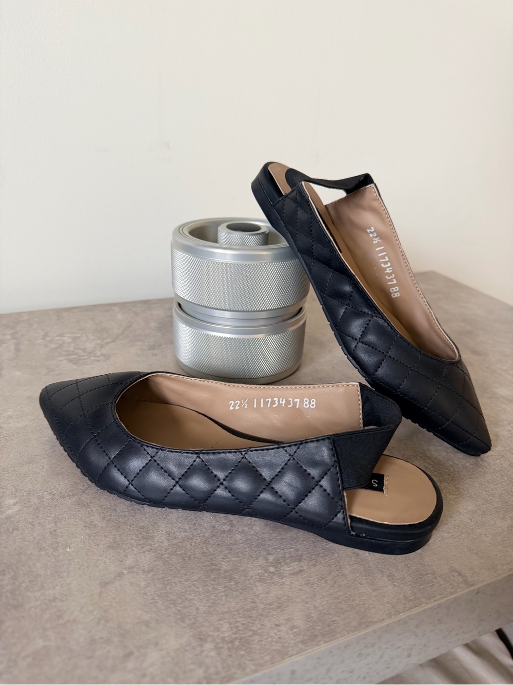 Quilted Black Pointed Slingback Flats